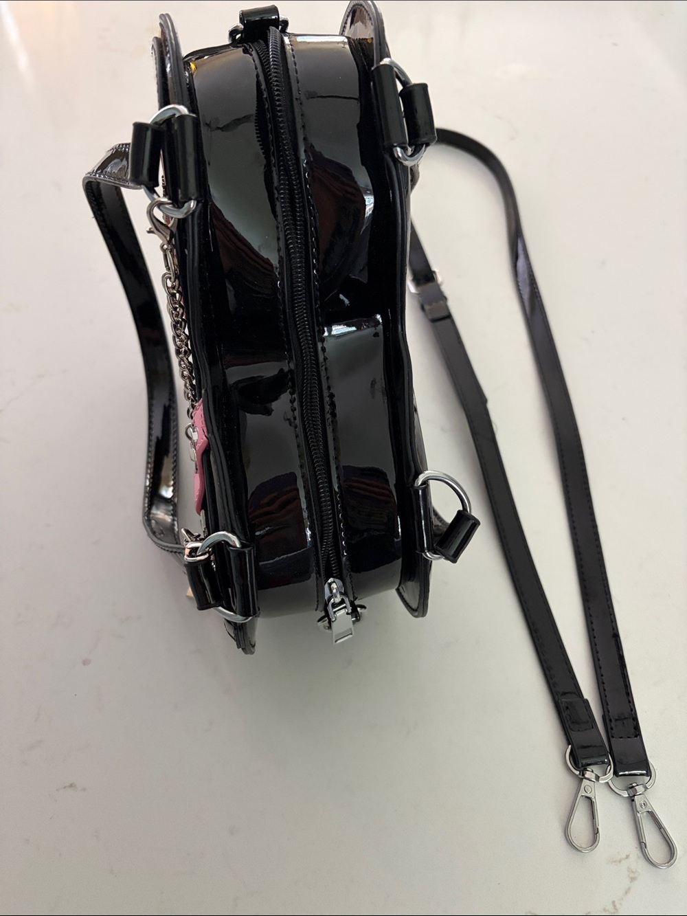 Patent Heart Crossbody Bag in Black and Pink with Silver Charms - Picture 3 of 9